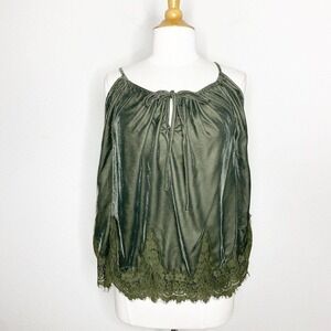 SOHO Jeans Green Velvet Cold Shoulder Lace Trim Top Sz S